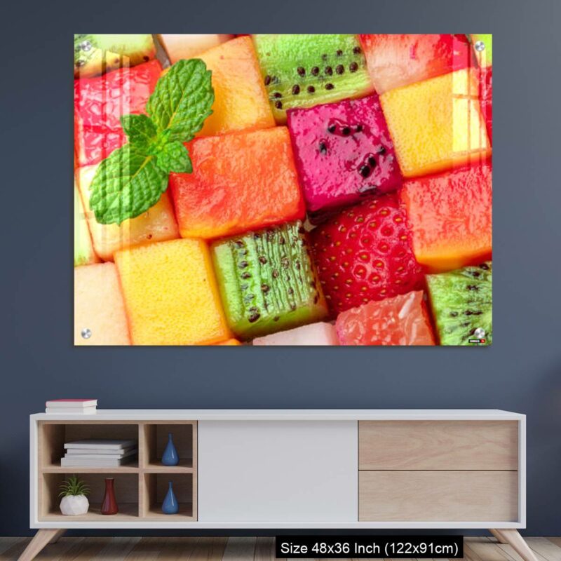 OMGs Acrylic Wall Decor – Fruit puzzle. Colorful food background or pattern arranged of different fruit cubes. Dietary concept.