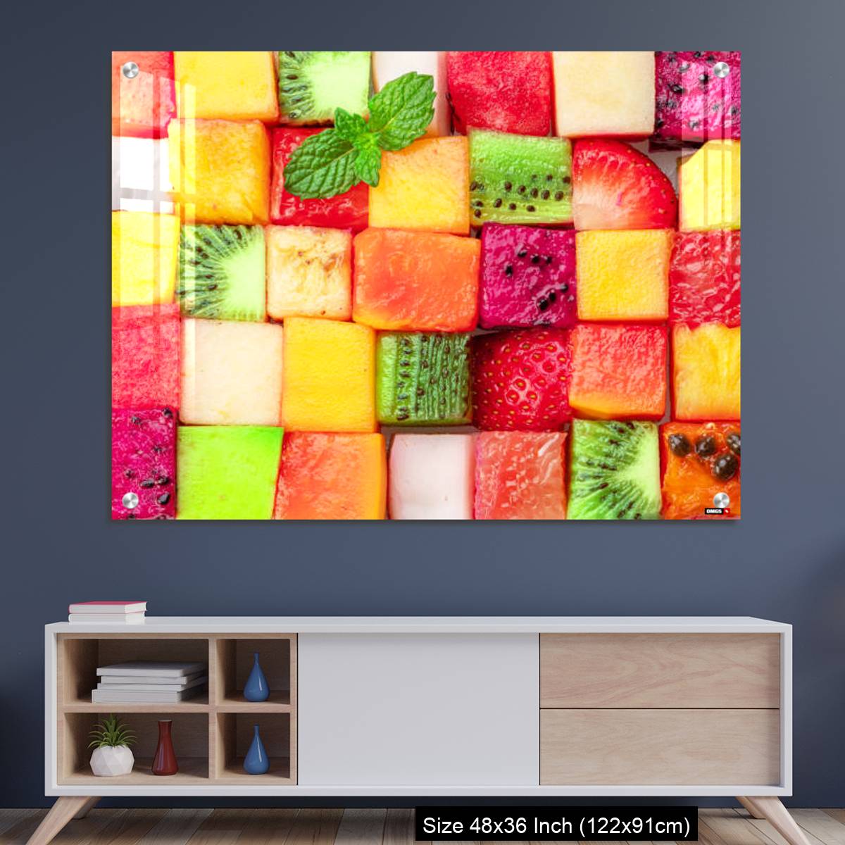 OMGs Acrylic Wall Decor – Fruit puzzle. Colorful food background or pattern arranged of different fruit cubes.