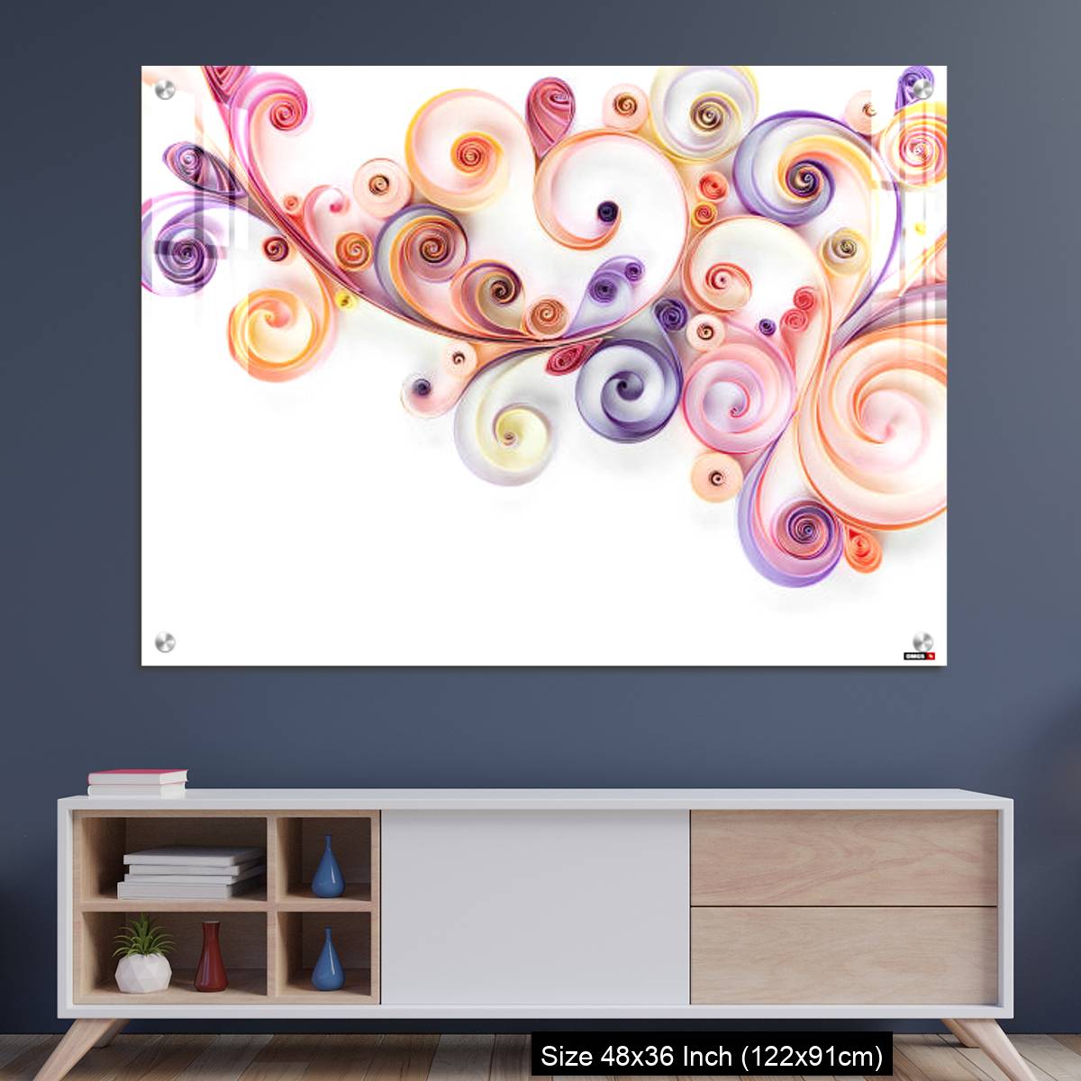OMGs Acrylic Wall Decor – Quilling paper curls and rolls banner in an abstract  panel with copy space.