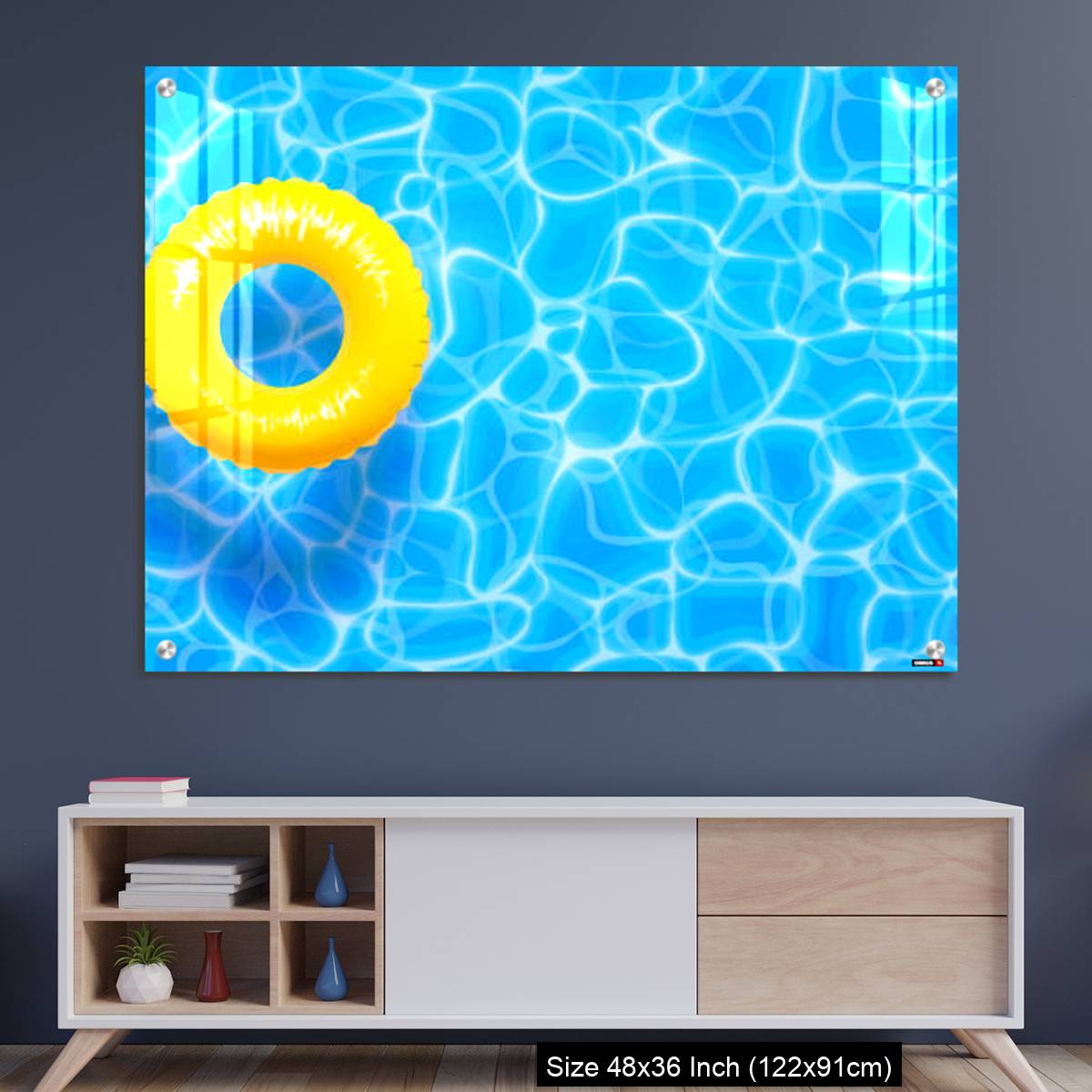 OMGs Acrylic Wall Decor – Water pool summer background with yellow pool float ring.