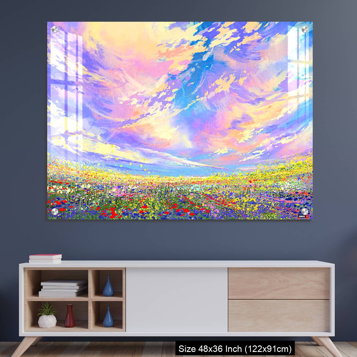 OMGs Acrylic Wall Decor – colorful flowers in field under beautiful clouds
