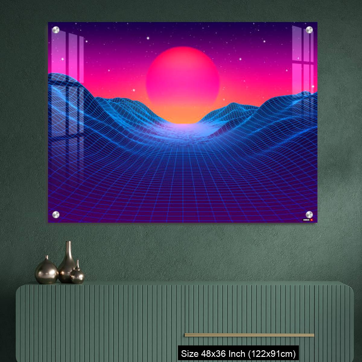 OMGs Acrylic Wall Decor – 80s synthwave styled landscape with blue grid mountains and sun over canyon - Image 2