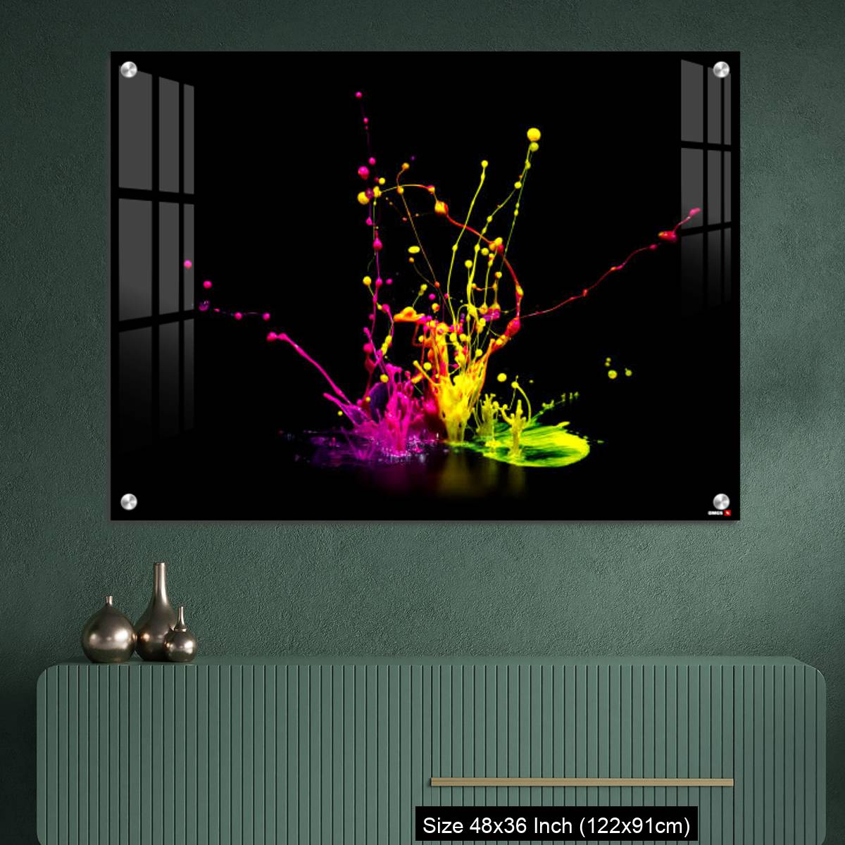 OMGs Acrylic Wall Decor – Colorful paint splashing on audio speaker isolated on black background - Image 2