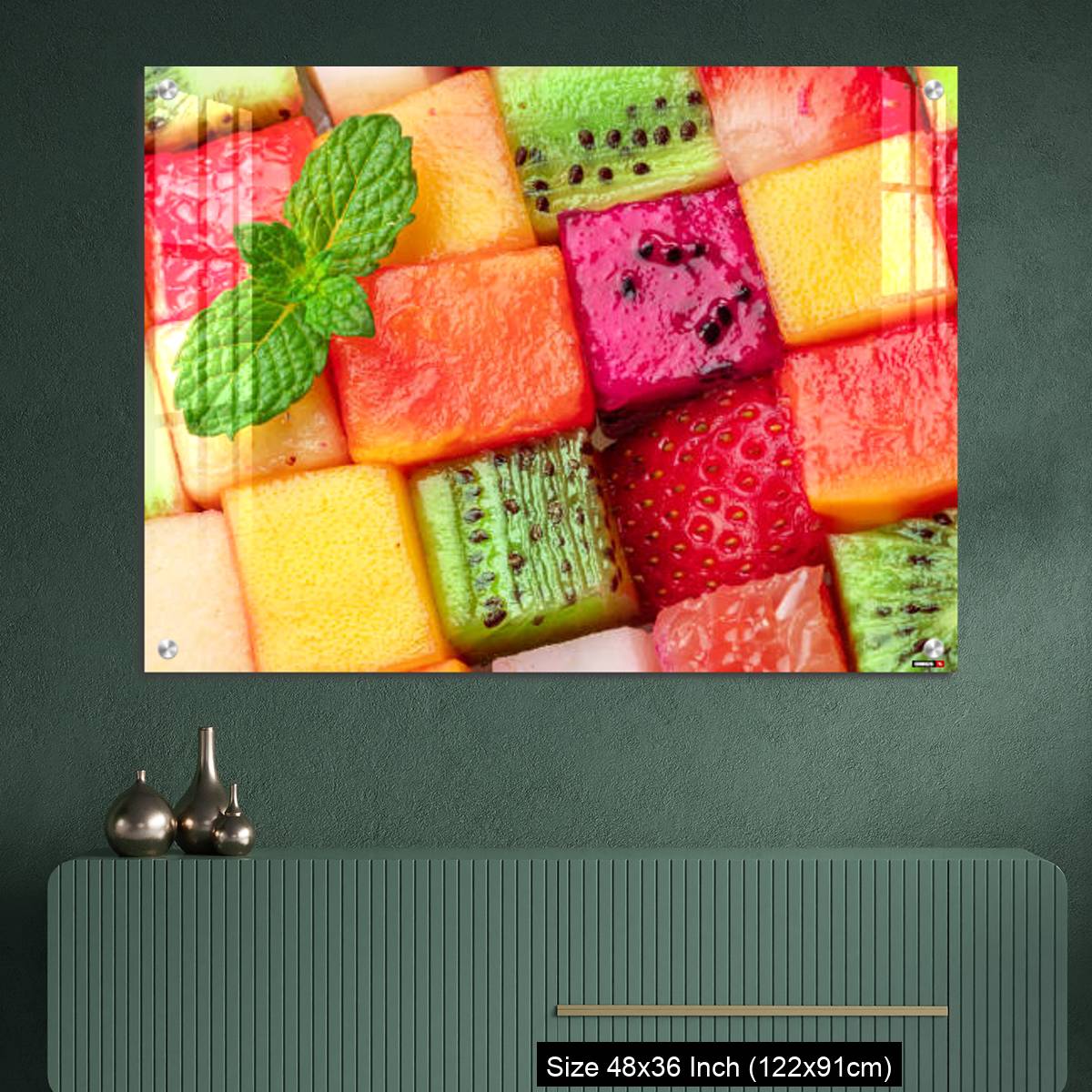 OMGs Acrylic Wall Decor – Fruit puzzle. Colorful food background or pattern arranged of different fruit cubes. Dietary concept. - Image 2