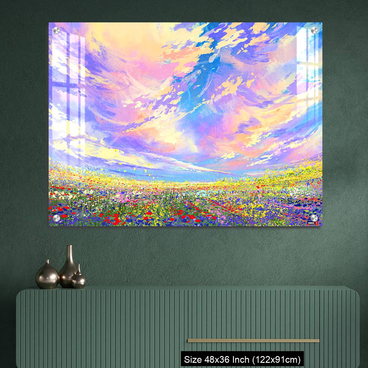 OMGs Acrylic Wall Decor – colorful flowers in field under beautiful clouds - Image 2