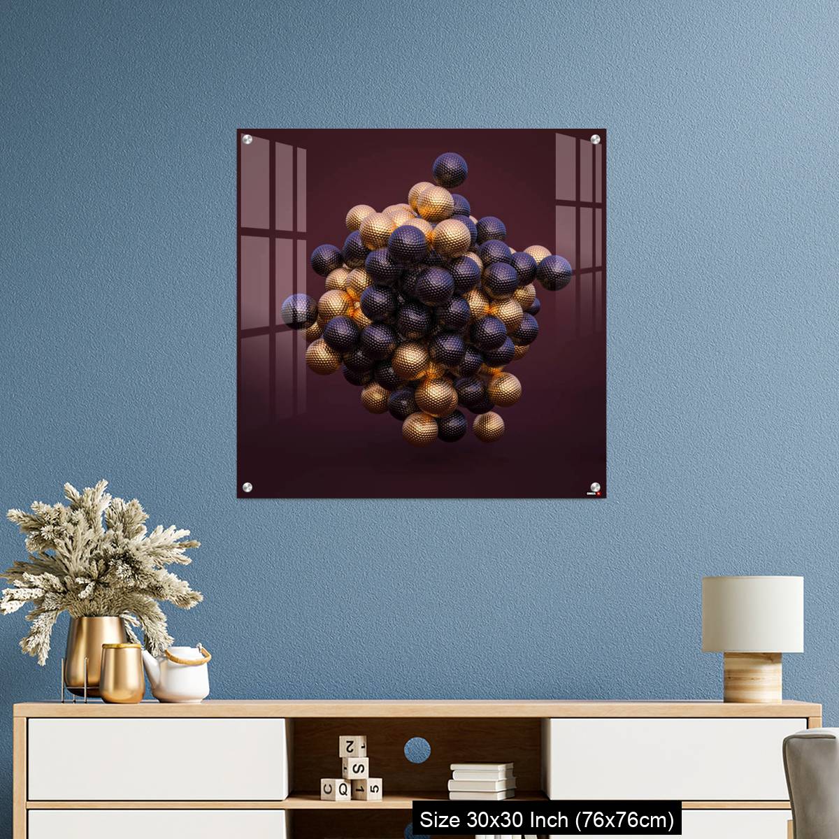 OMGs Acrylic Wall Decor – purple and gold golf balls on an amaranth background. - Image 3