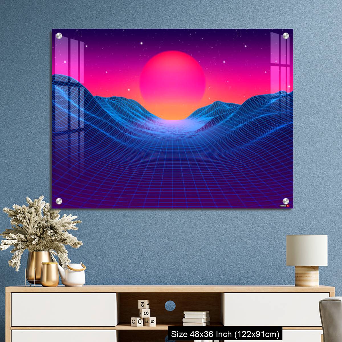 OMGs Acrylic Wall Decor – 80s synthwave styled landscape with blue grid mountains and sun over canyon - Image 3