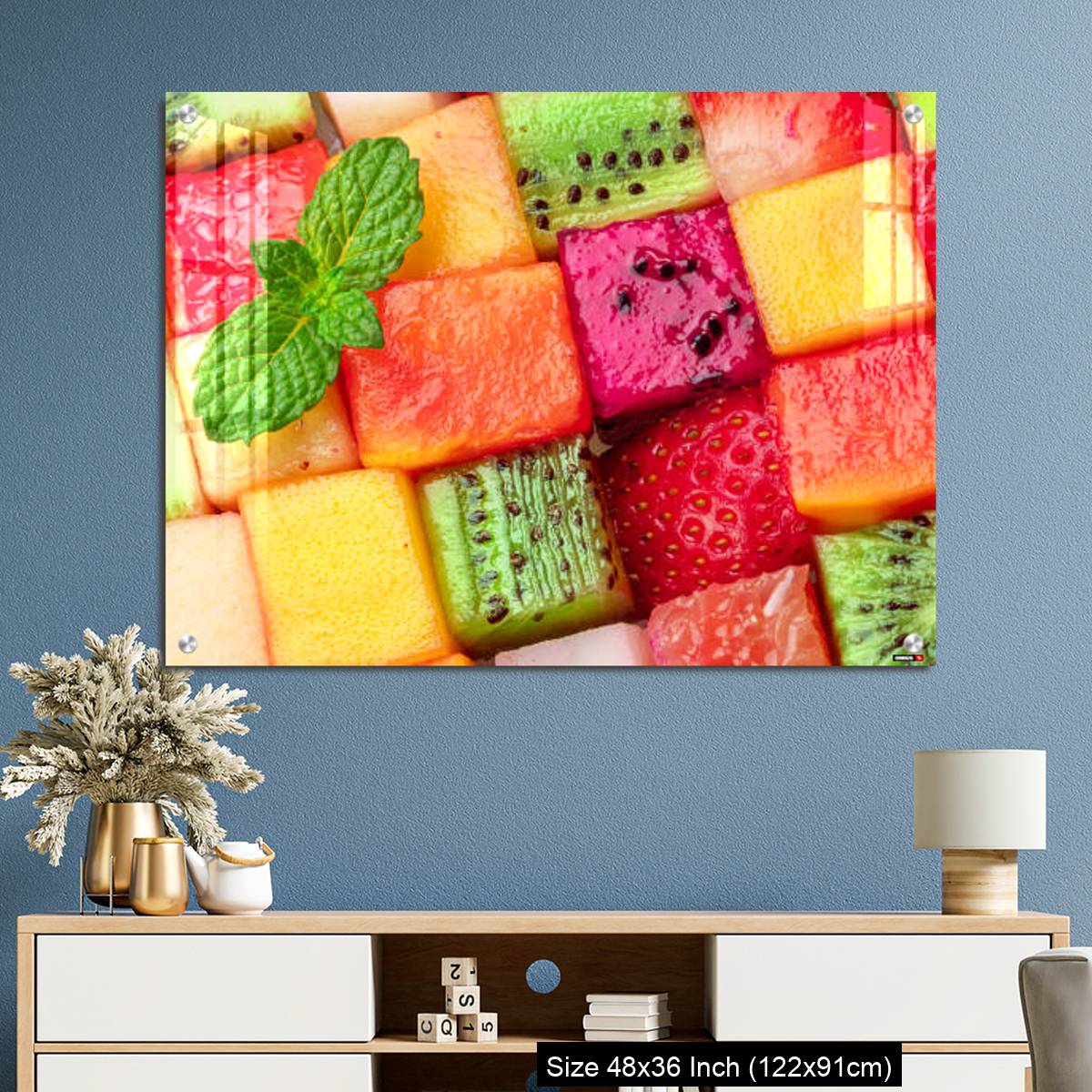 OMGs Acrylic Wall Decor – Fruit puzzle. Colorful food background or pattern arranged of different fruit cubes. Dietary concept. - Image 3