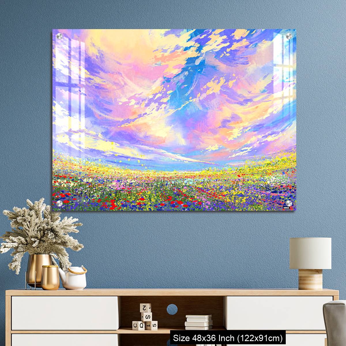 OMGs Acrylic Wall Decor – colorful flowers in field under beautiful clouds - Image 3