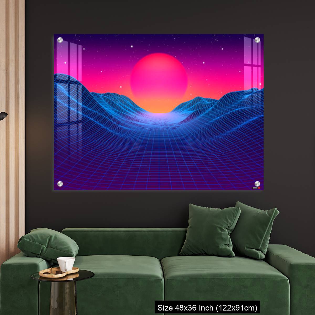 OMGs Acrylic Wall Decor – 80s synthwave styled landscape with blue grid mountains and sun over canyon - Image 4
