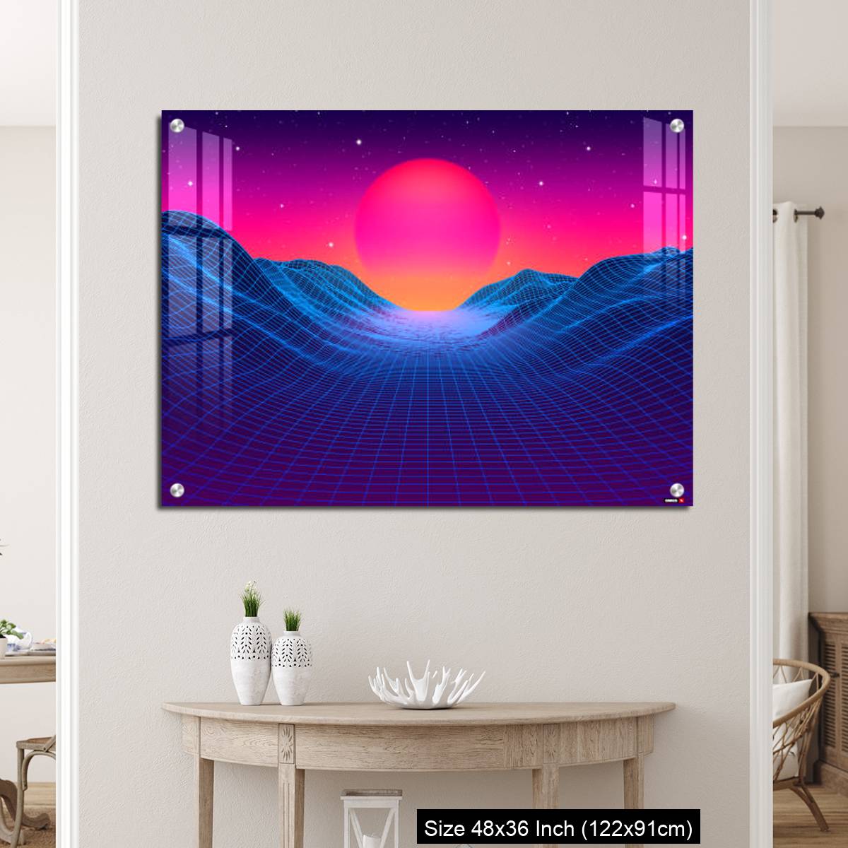 OMGs Acrylic Wall Decor – 80s synthwave styled landscape with blue grid mountains and sun over canyon - Image 5