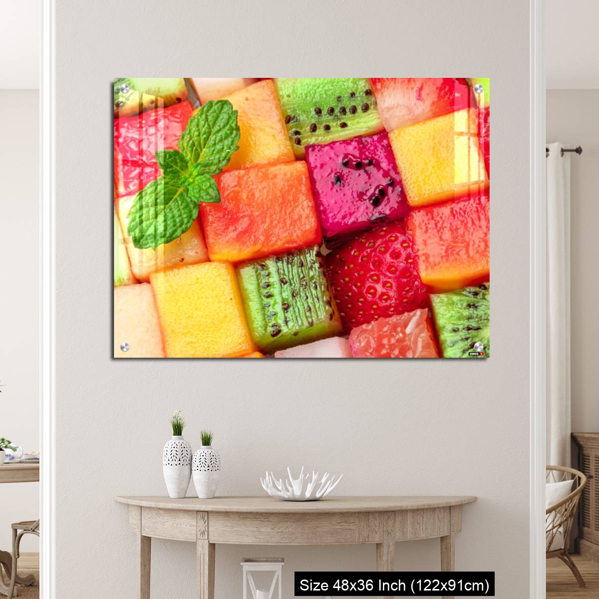 OMGs Acrylic Wall Decor – Fruit puzzle. Colorful food background or pattern arranged of different fruit cubes. Dietary concept. - Image 5