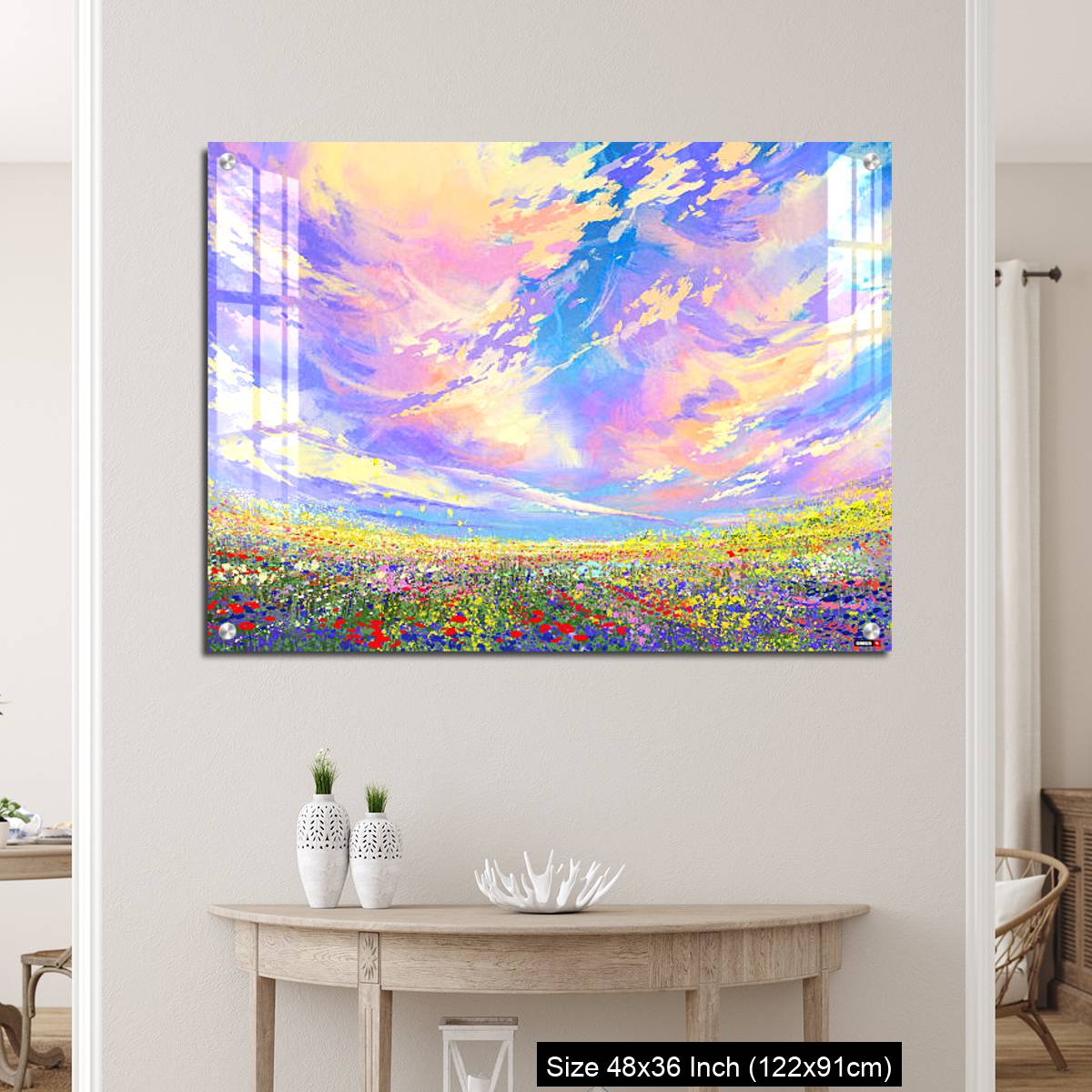 OMGs Acrylic Wall Decor – colorful flowers in field under beautiful clouds - Image 5