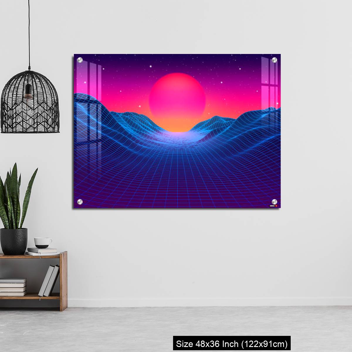 OMGs Acrylic Wall Decor – 80s synthwave styled landscape with blue grid mountains and sun over canyon - Image 6