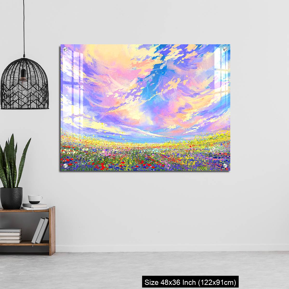 OMGs Acrylic Wall Decor – colorful flowers in field under beautiful clouds - Image 6