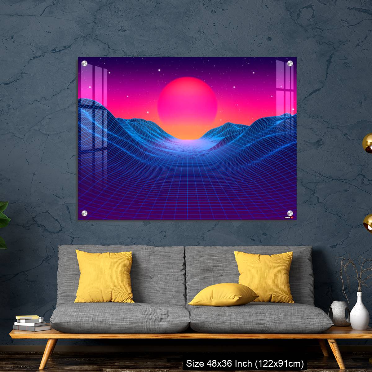 OMGs Acrylic Wall Decor – 80s synthwave styled landscape with blue grid mountains and sun over canyon - Image 7