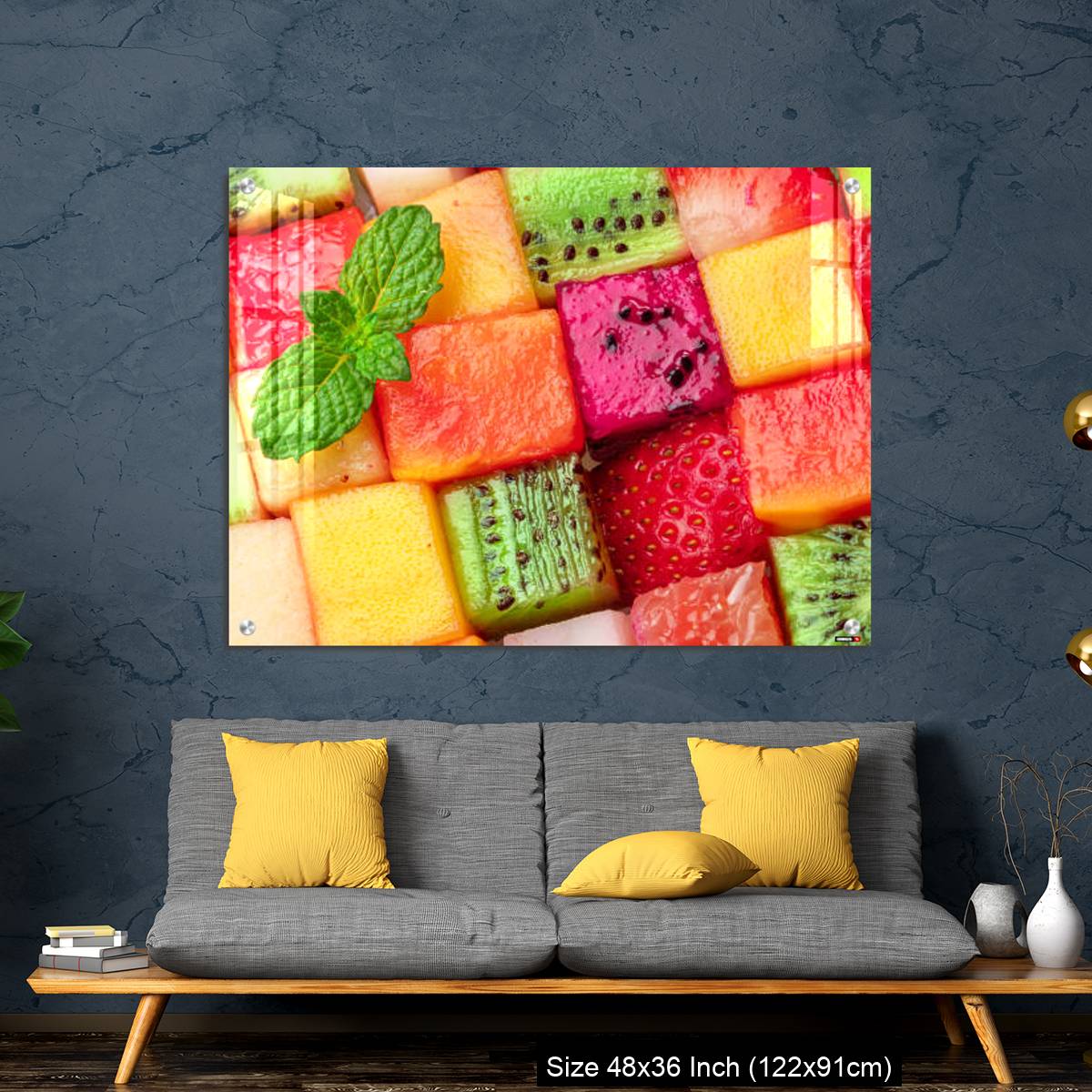 OMGs Acrylic Wall Decor – Fruit puzzle. Colorful food background or pattern arranged of different fruit cubes. Dietary concept. - Image 7