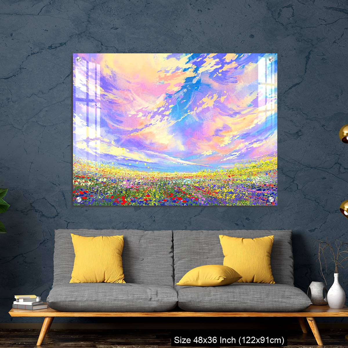 OMGs Acrylic Wall Decor – colorful flowers in field under beautiful clouds - Image 7