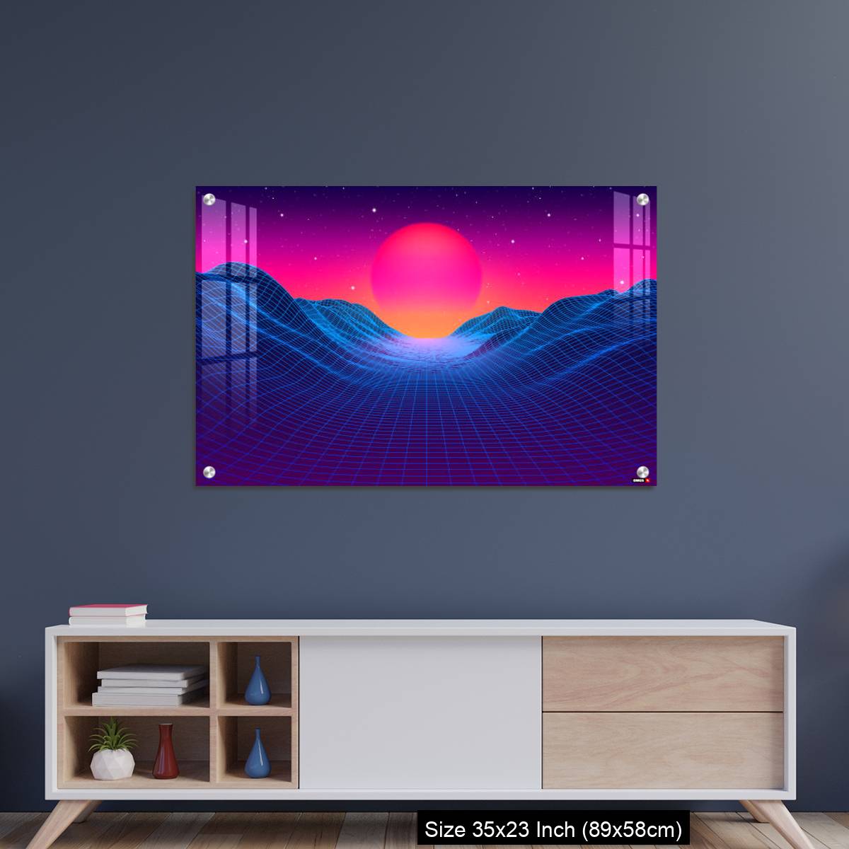 OMGs Acrylic Wall Decor – 80s synthwave styled landscape with blue grid mountains and sun over canyon - Image 8