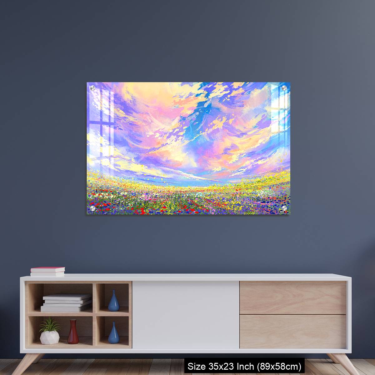 OMGs Acrylic Wall Decor – colorful flowers in field under beautiful clouds - Image 8