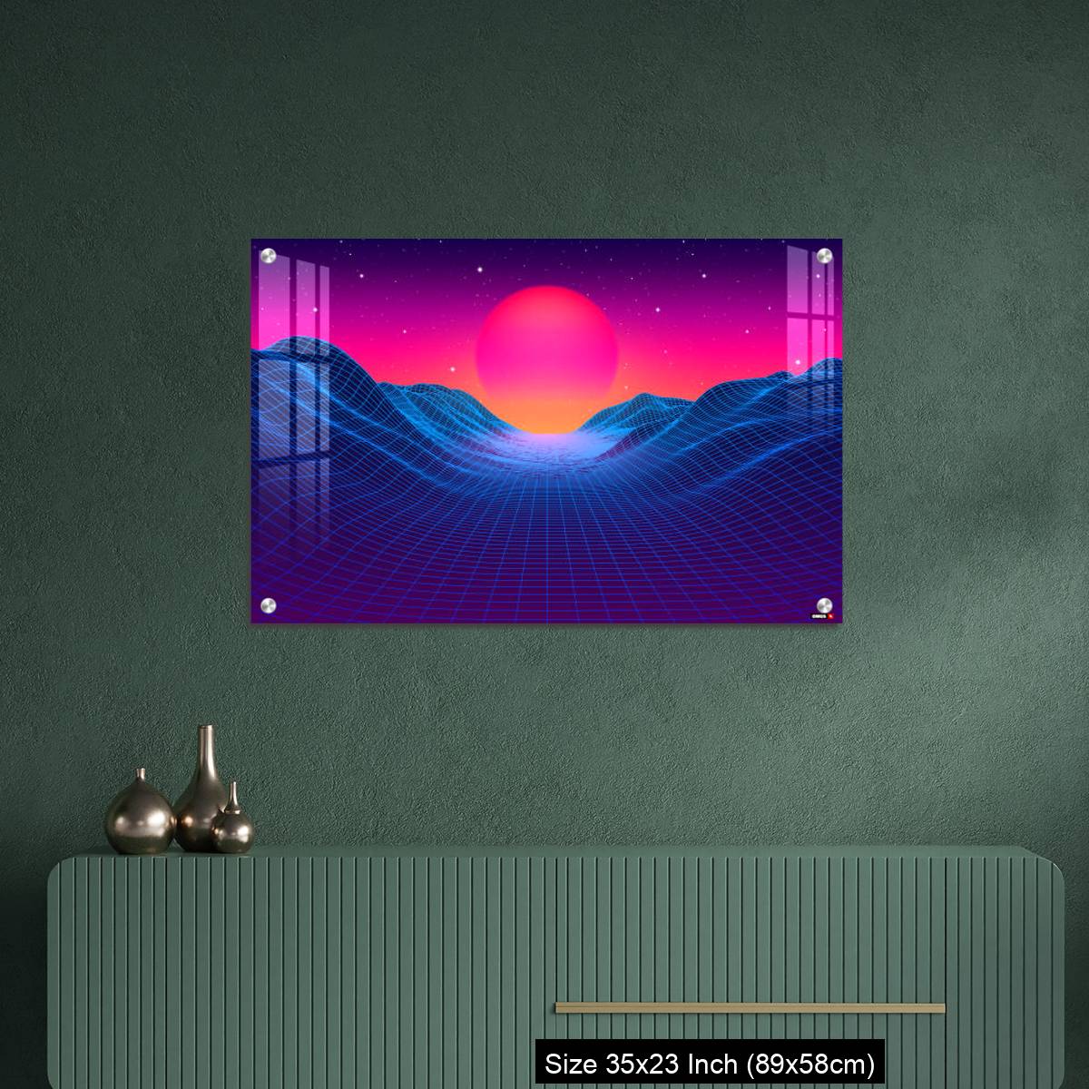 OMGs Acrylic Wall Decor – 80s synthwave styled landscape with blue grid mountains and sun over canyon - Image 9