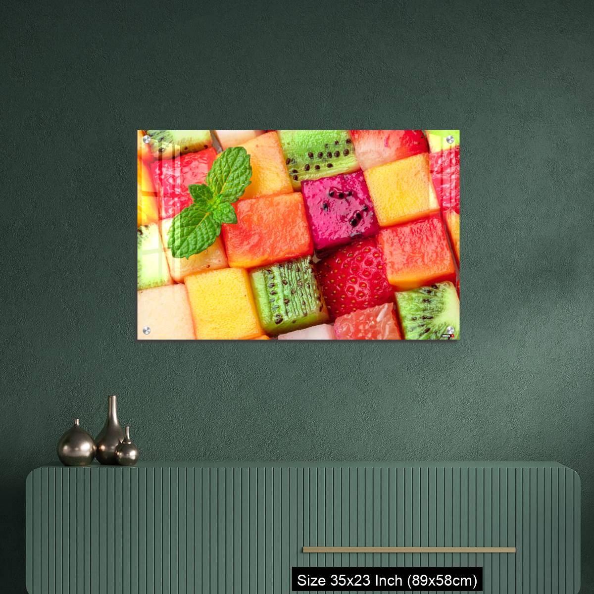 OMGs Acrylic Wall Decor – Fruit puzzle. Colorful food background or pattern arranged of different fruit cubes. Dietary concept. - Image 9