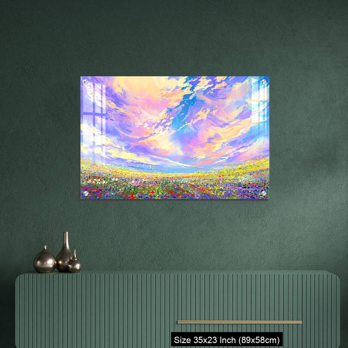 OMGs Acrylic Wall Decor – colorful flowers in field under beautiful clouds - Image 9
