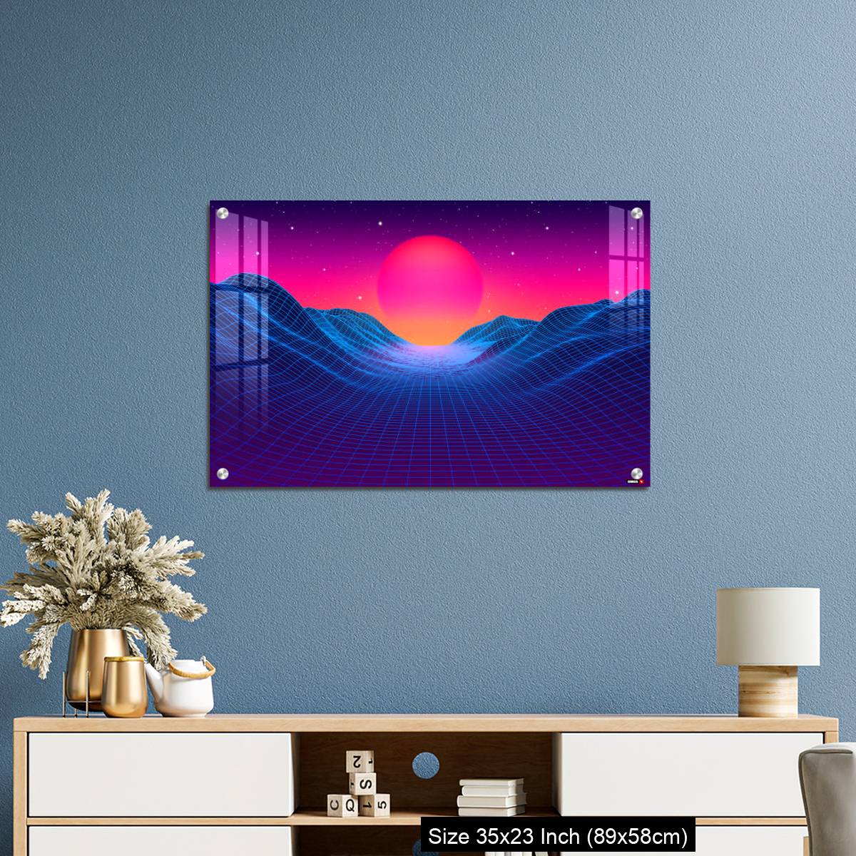 OMGs Acrylic Wall Decor – 80s synthwave styled landscape with blue grid mountains and sun over canyon - Image 10
