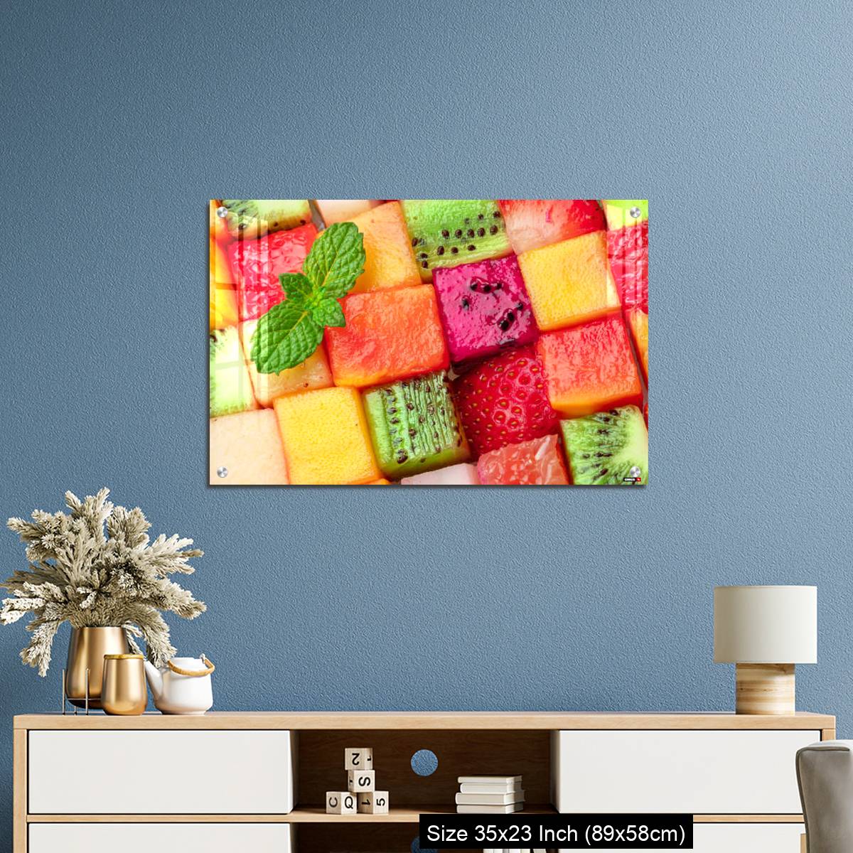 OMGs Acrylic Wall Decor – Fruit puzzle. Colorful food background or pattern arranged of different fruit cubes. Dietary concept. - Image 10