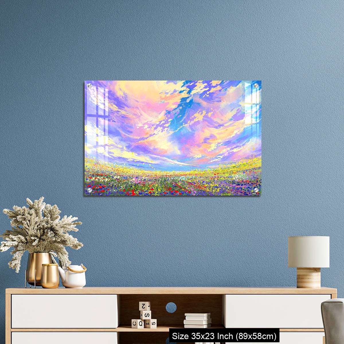 OMGs Acrylic Wall Decor – colorful flowers in field under beautiful clouds - Image 10