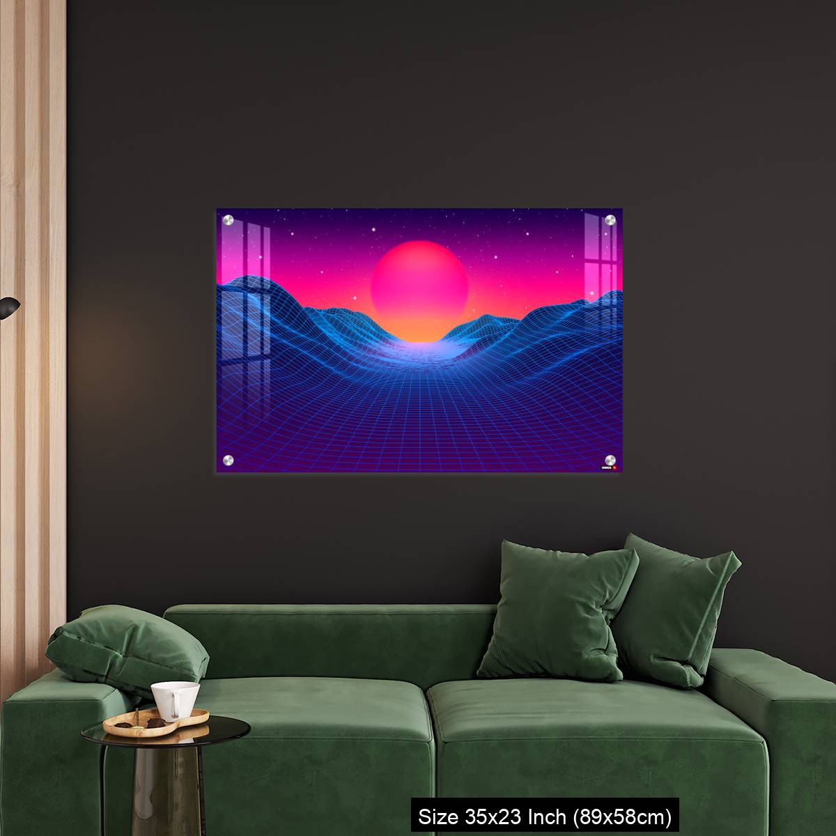 OMGs Acrylic Wall Decor – 80s synthwave styled landscape with blue grid mountains and sun over canyon - Image 11