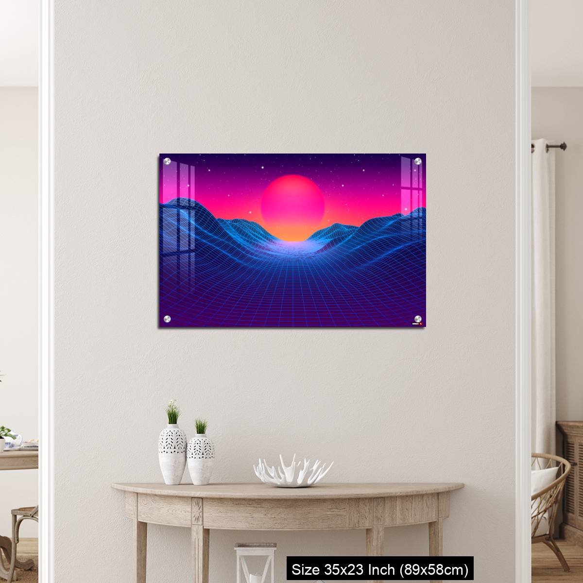 OMGs Acrylic Wall Decor – 80s synthwave styled landscape with blue grid mountains and sun over canyon - Image 12