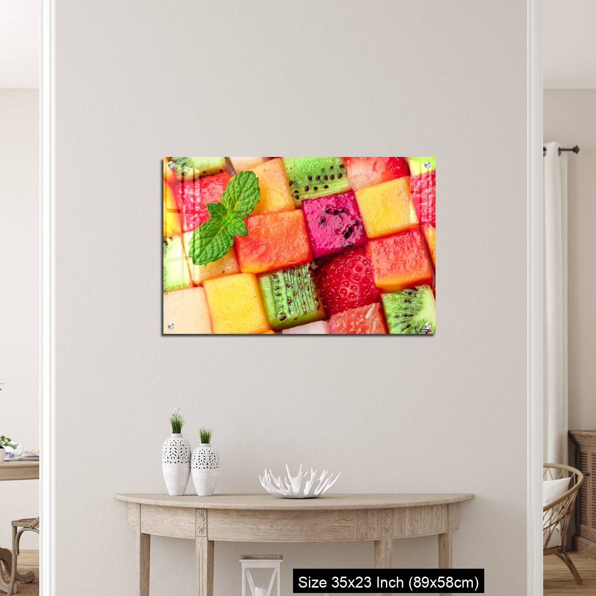 OMGs Acrylic Wall Decor – Fruit puzzle. Colorful food background or pattern arranged of different fruit cubes. Dietary concept. - Image 12