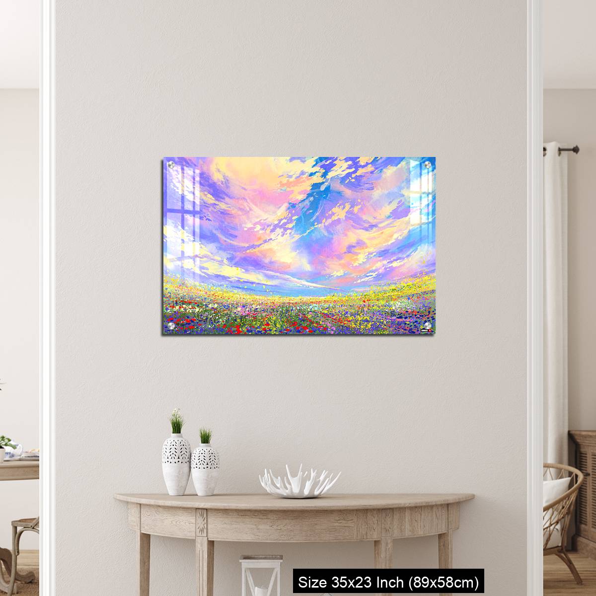 OMGs Acrylic Wall Decor – colorful flowers in field under beautiful clouds - Image 12