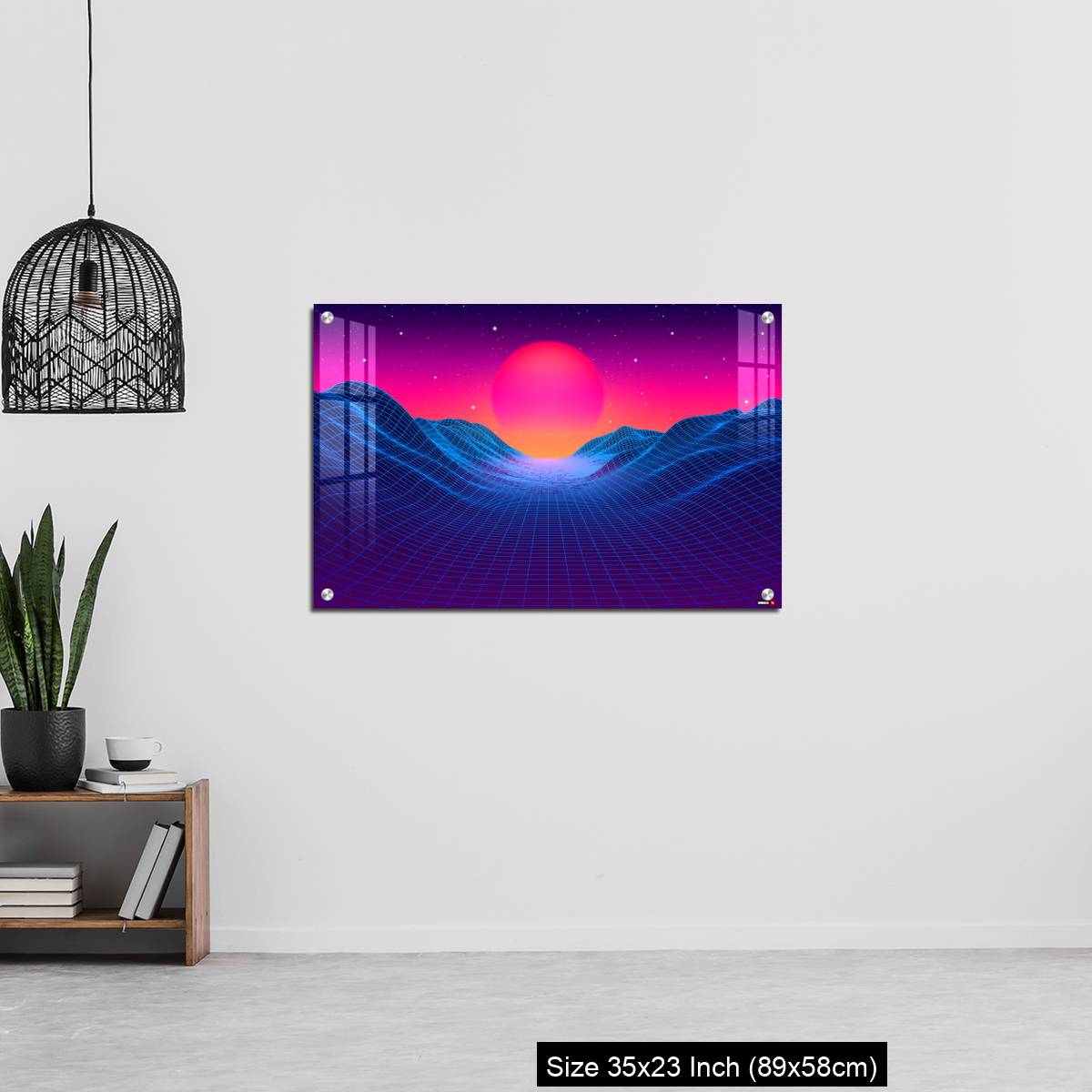 OMGs Acrylic Wall Decor – 80s synthwave styled landscape with blue grid mountains and sun over canyon - Image 13