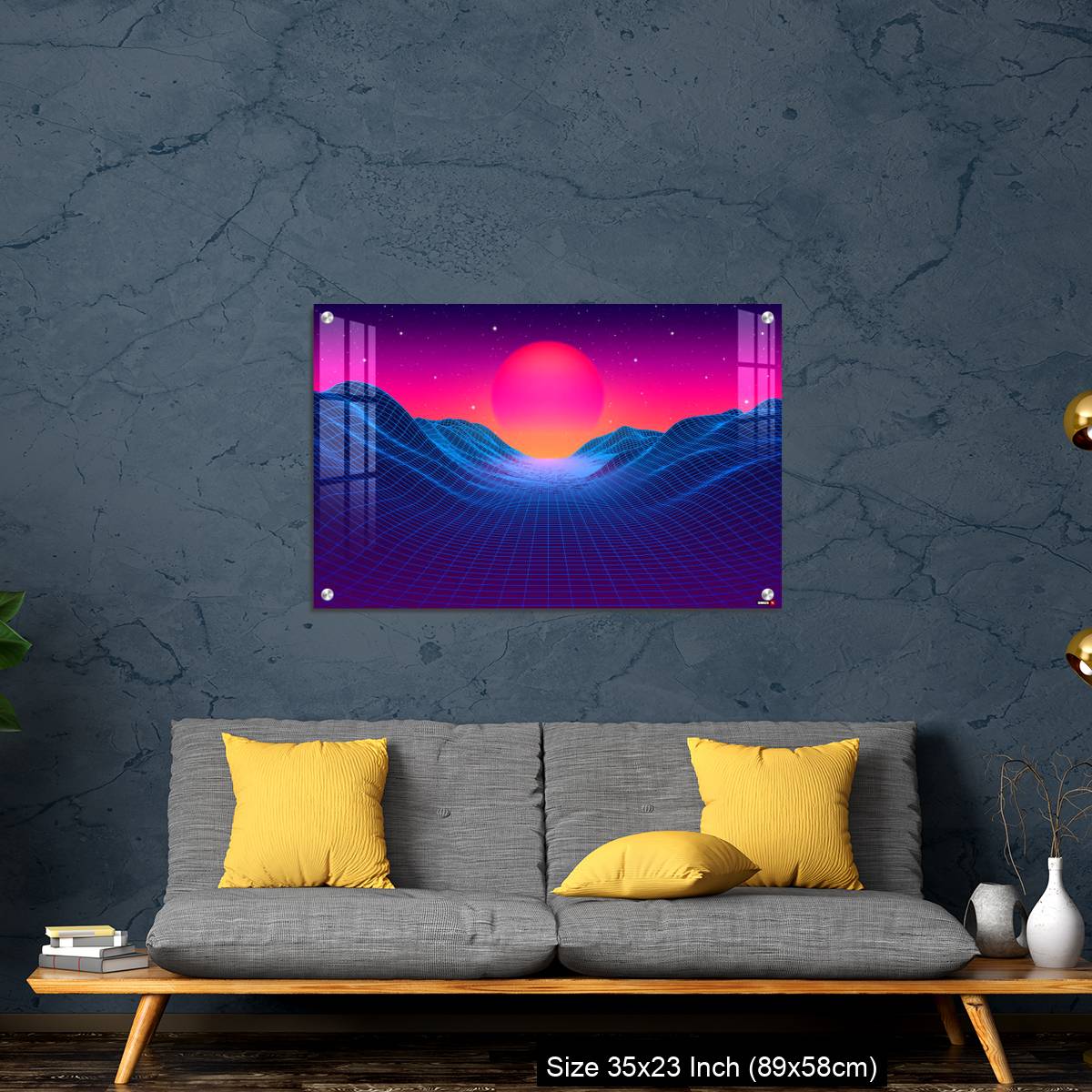 OMGs Acrylic Wall Decor – 80s synthwave styled landscape with blue grid mountains and sun over canyon - Image 14