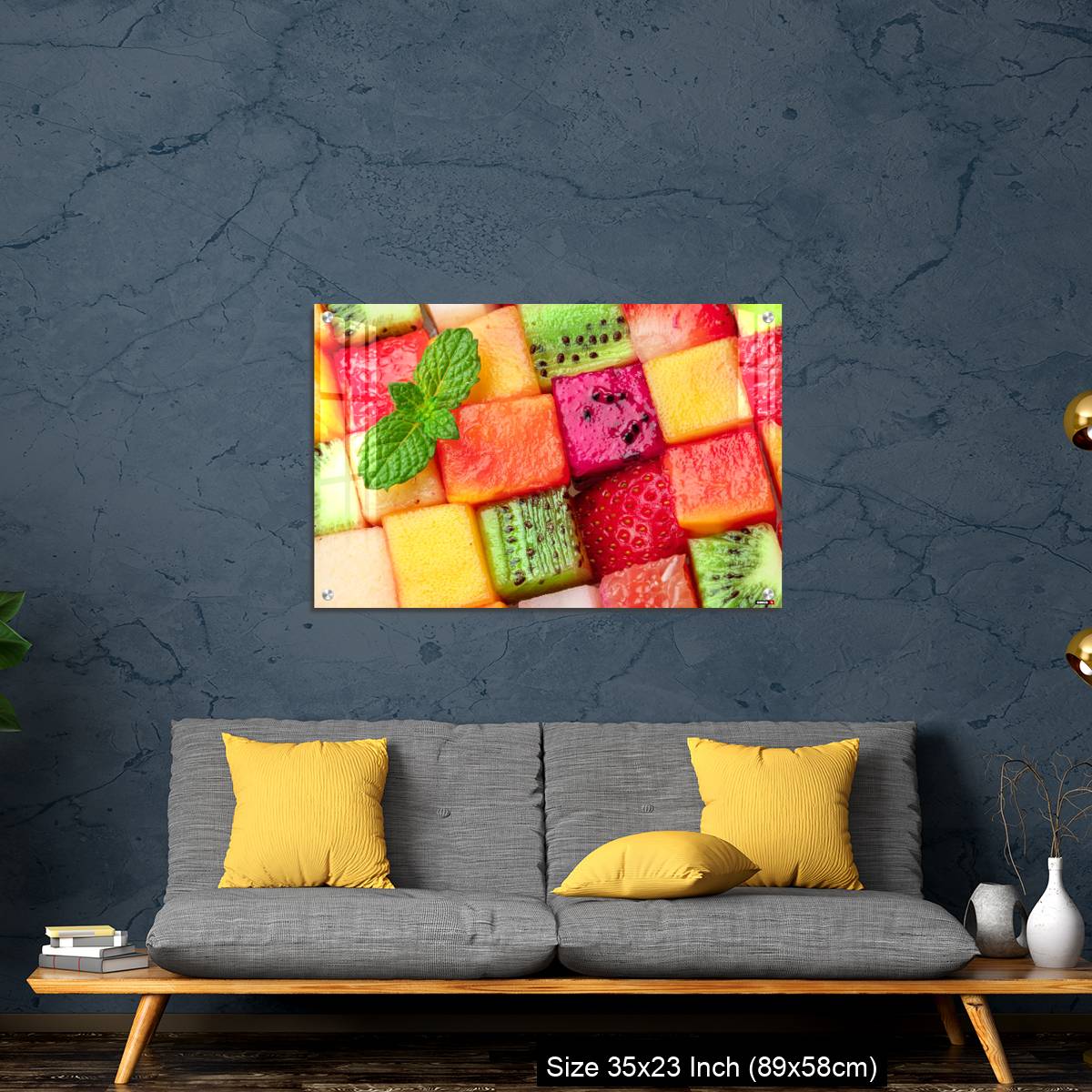 OMGs Acrylic Wall Decor – Fruit puzzle. Colorful food background or pattern arranged of different fruit cubes. Dietary concept. - Image 14