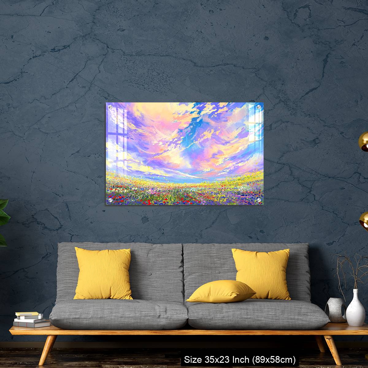 OMGs Acrylic Wall Decor – colorful flowers in field under beautiful clouds - Image 14