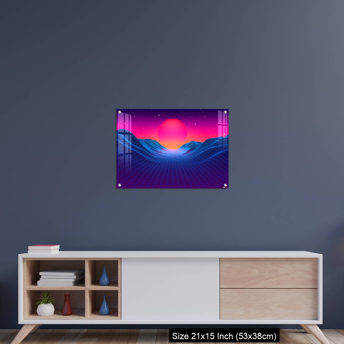 OMGs Acrylic Wall Decor – 80s synthwave styled landscape with blue grid mountains and sun over canyon - Image 15