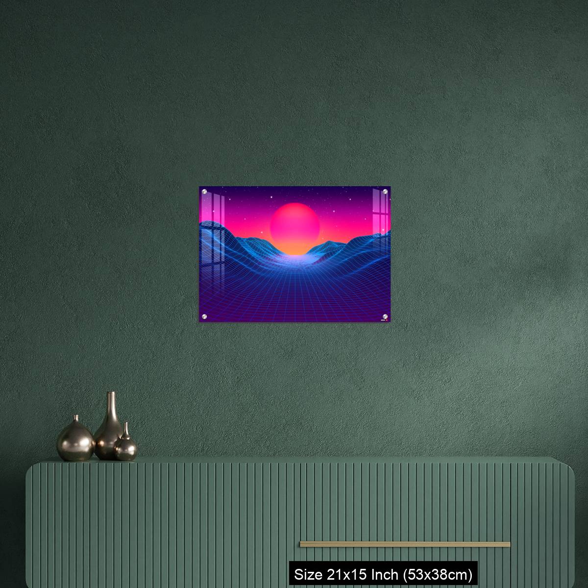 OMGs Acrylic Wall Decor – 80s synthwave styled landscape with blue grid mountains and sun over canyon - Image 16