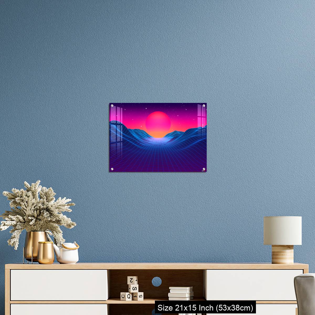 OMGs Acrylic Wall Decor – 80s synthwave styled landscape with blue grid mountains and sun over canyon - Image 17