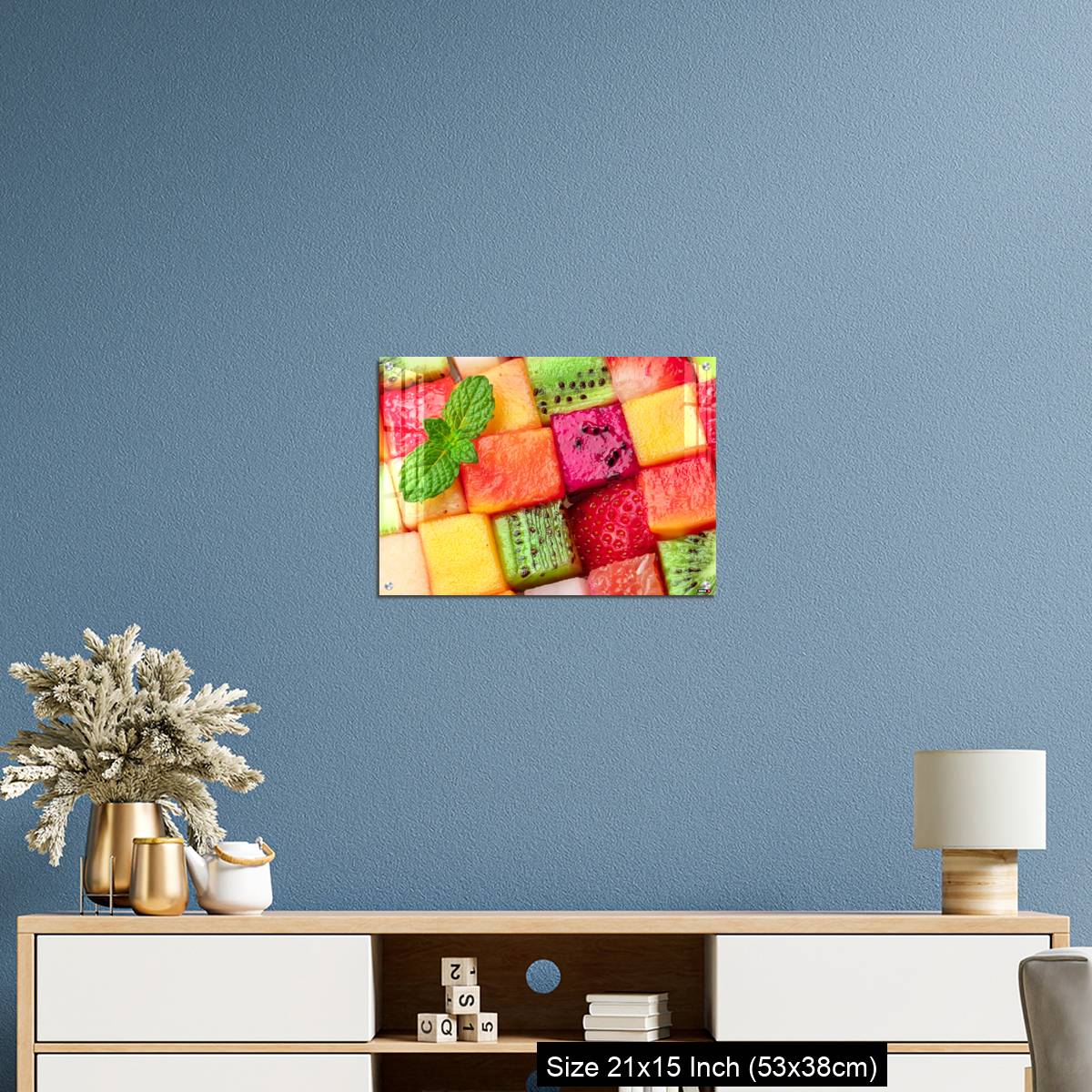 OMGs Acrylic Wall Decor – Fruit puzzle. Colorful food background or pattern arranged of different fruit cubes. Dietary concept. - Image 17