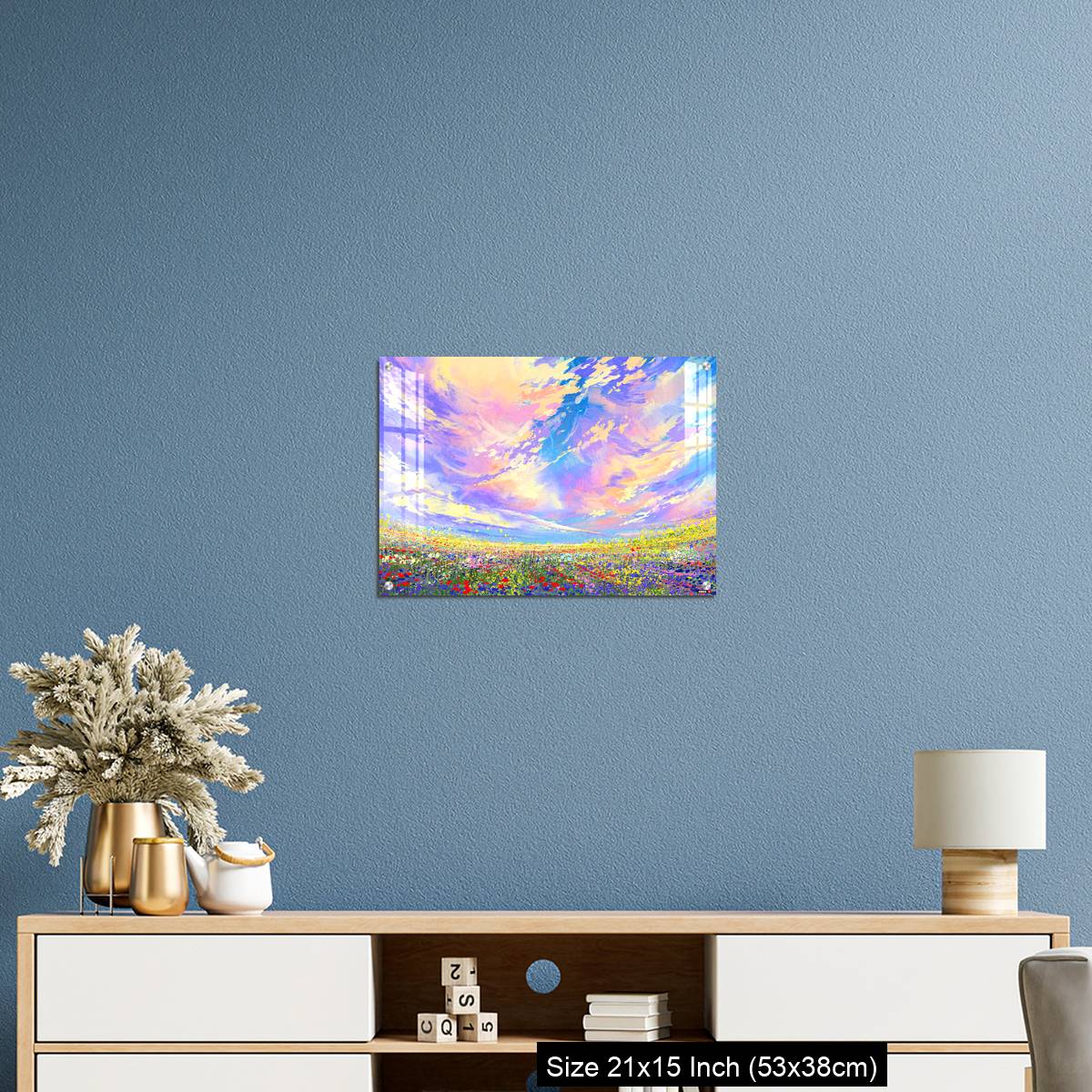 OMGs Acrylic Wall Decor – colorful flowers in field under beautiful clouds - Image 17