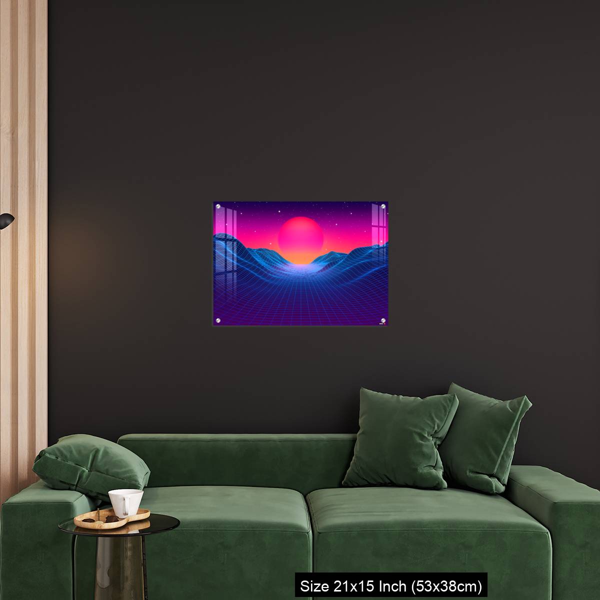 OMGs Acrylic Wall Decor – 80s synthwave styled landscape with blue grid mountains and sun over canyon - Image 18