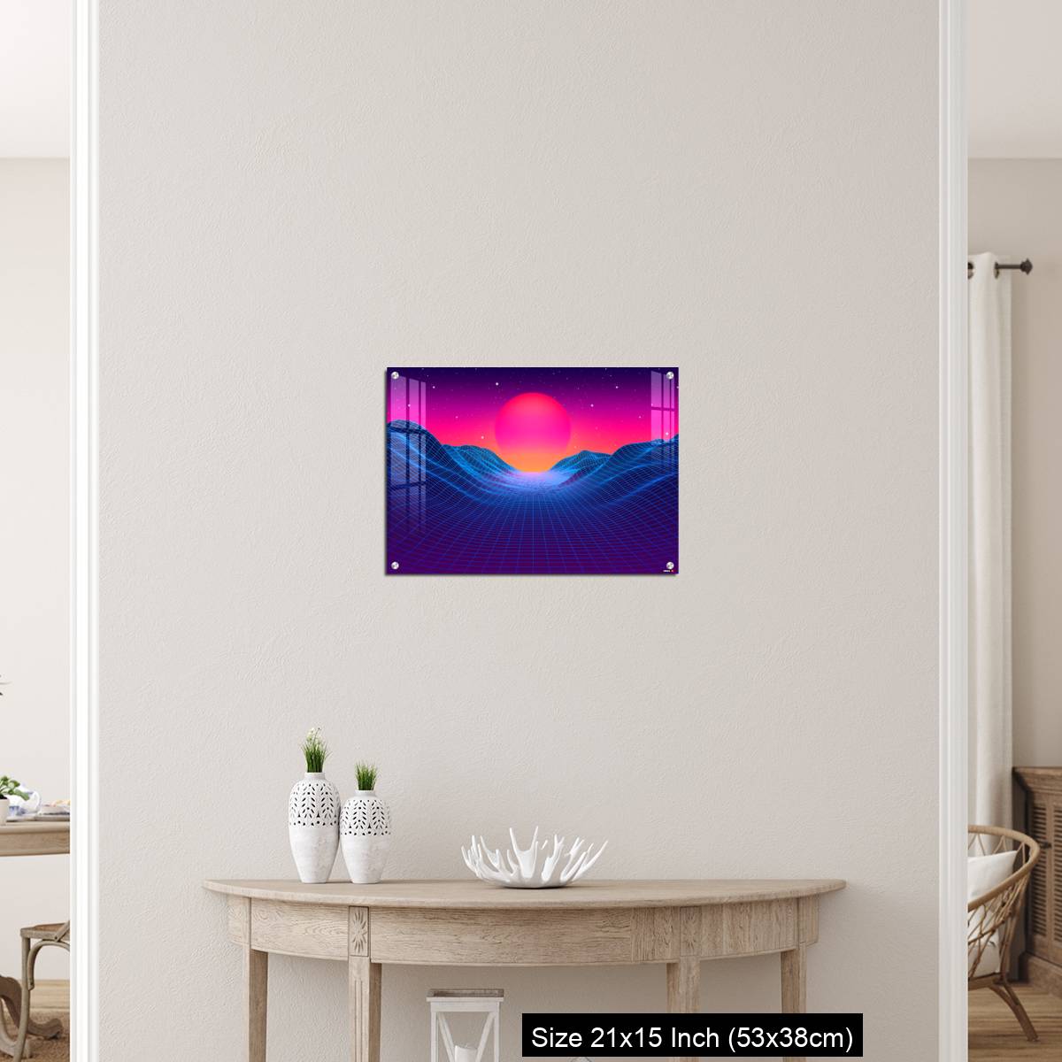 OMGs Acrylic Wall Decor – 80s synthwave styled landscape with blue grid mountains and sun over canyon - Image 19