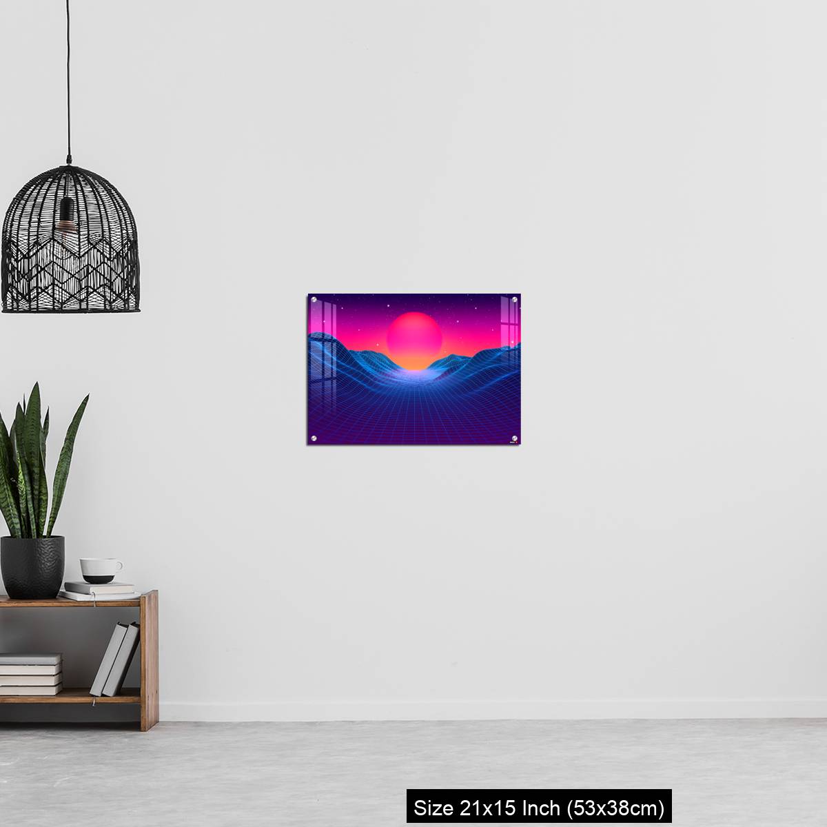OMGs Acrylic Wall Decor – 80s synthwave styled landscape with blue grid mountains and sun over canyon - Image 20