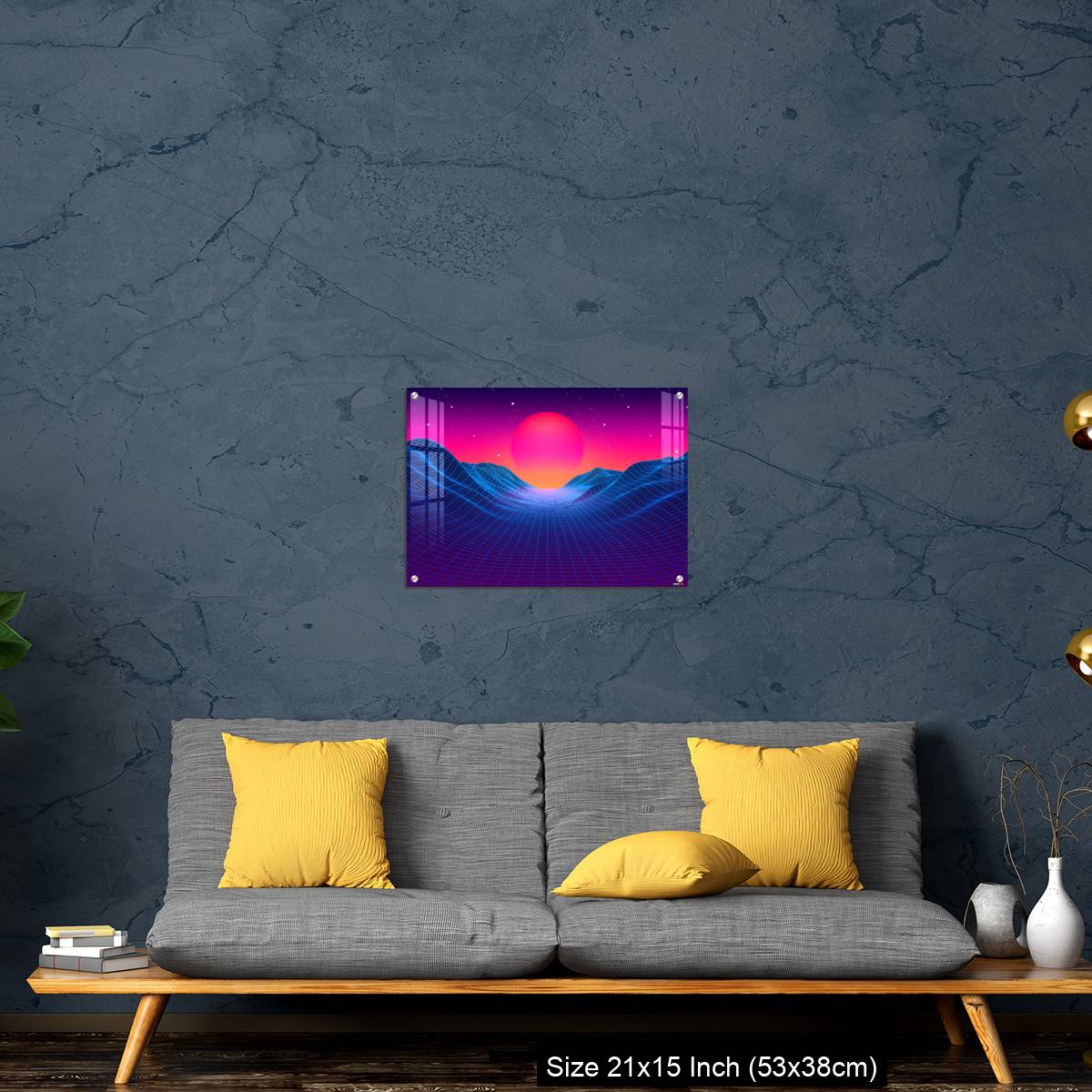 OMGs Acrylic Wall Decor – 80s synthwave styled landscape with blue grid mountains and sun over canyon - Image 21