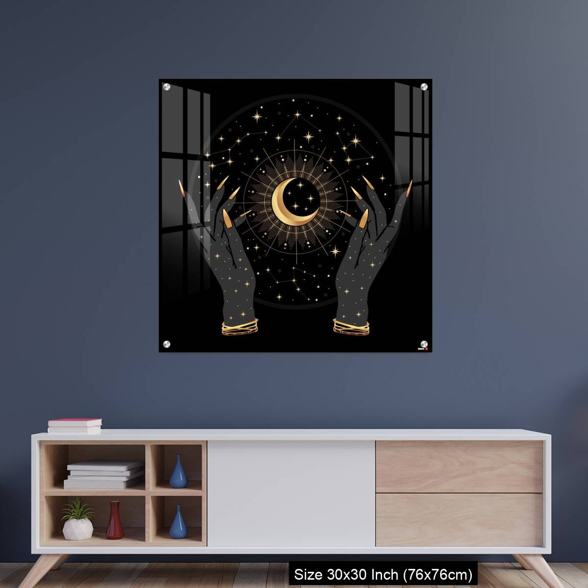 OMGs Acrylic Wall Decor – Black and gold boho crescent and elegant female hands.