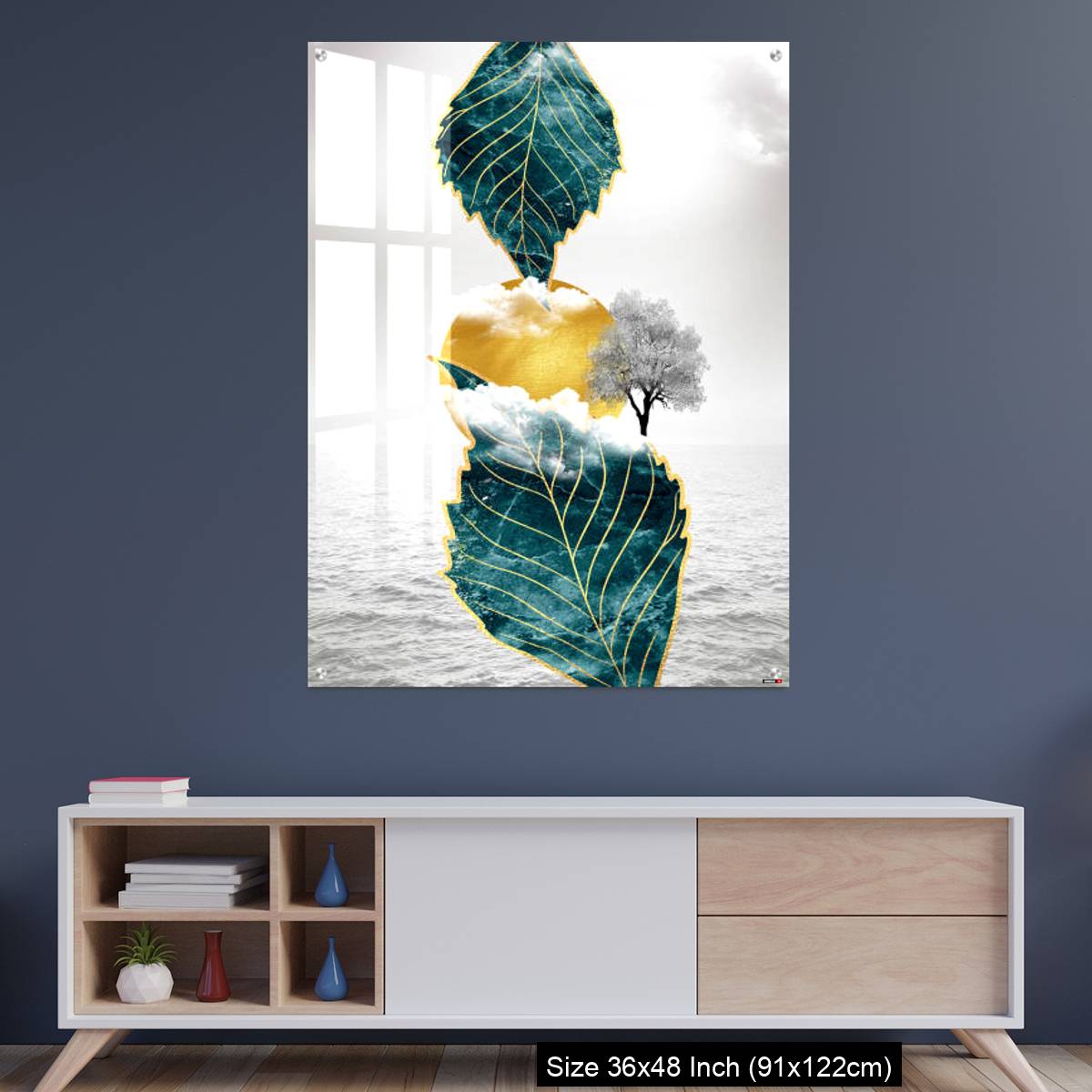 OMGs Acrylic Wall Decor – Light gray background golden sun and clouds, tree leaf and water