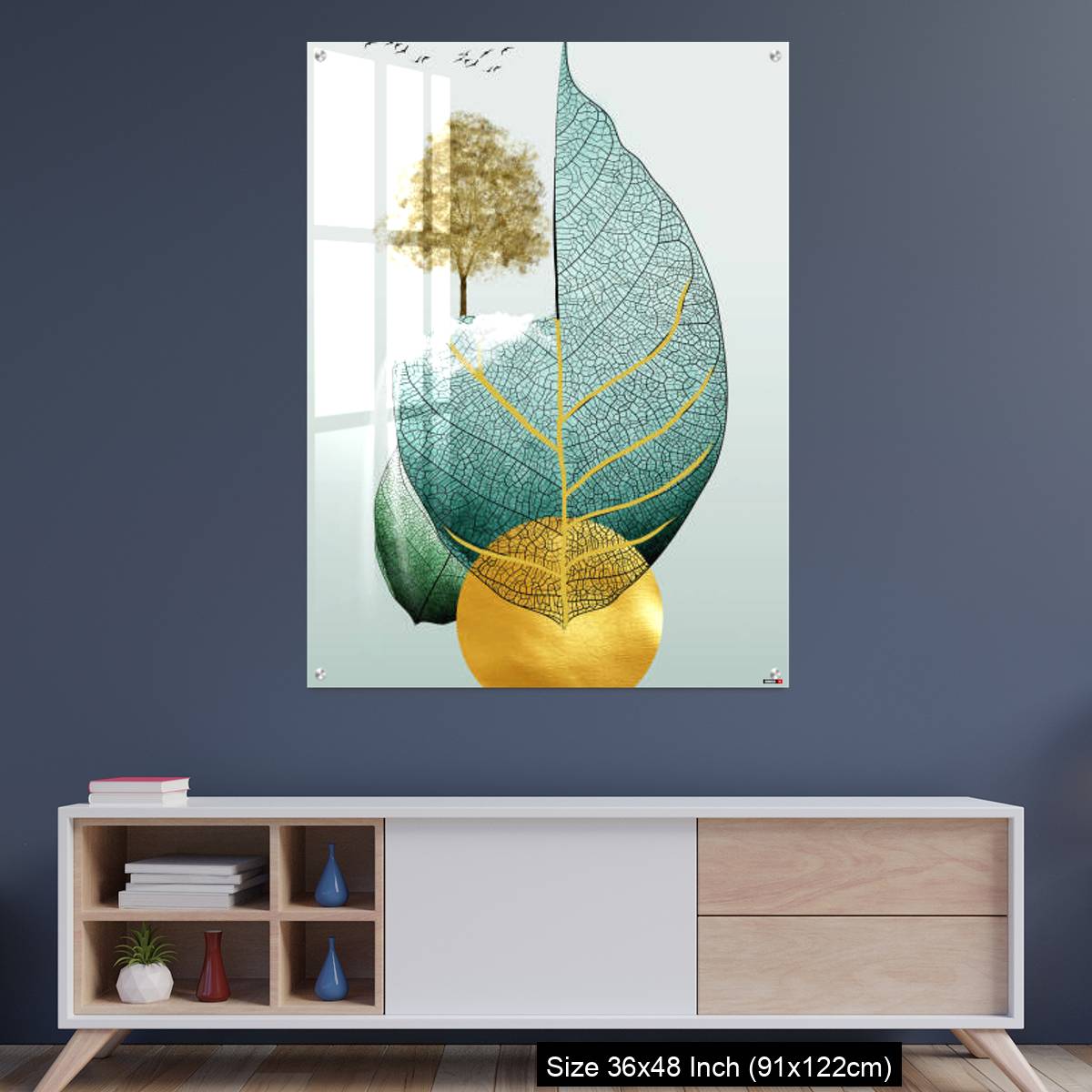 OMGs Acrylic Wall Decor – Gray background golden tree and birds , mountains tree leaf and white clouds .